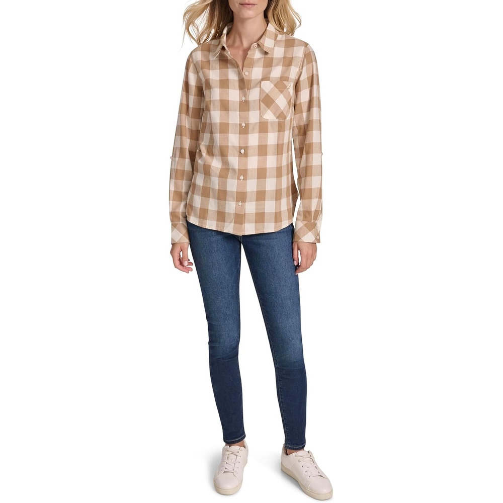 image:imageNautica Womens Button Front Long Sleeve Roll Tab ShirtTigers EyeWhite Swan