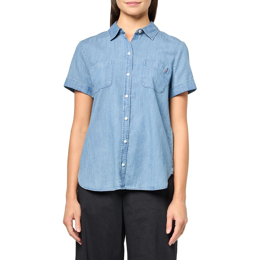 image:imageNautica Womens Button Front Short Sleeve Camp ShirtLight Azure