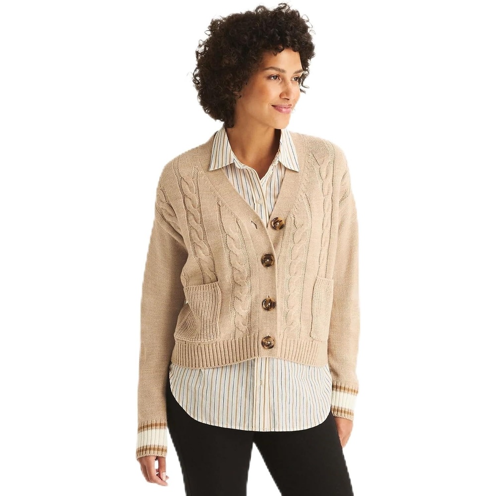 image:imageNautica Womens Button Long Sleeve Cardigan Cable VNeck SweaterLight Heather Fawn Multi