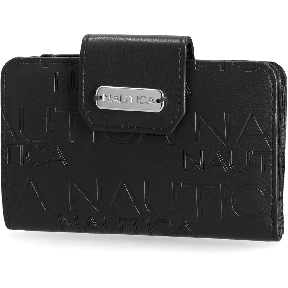 image:imageNautica Womens Close Reach Vegan Leather RFID Wallet Small Credit Card Holder Purse with Zipper Coin Pocket and ID Window in BlackBlack Embossed