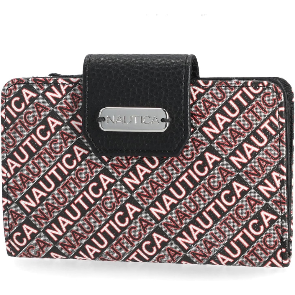 image:imageNautica Womens Close Reach Vegan Leather RFID Wallet Small Credit Card Holder Purse with Zipper Coin Pocket and ID Window in BlackBlack Jacquard