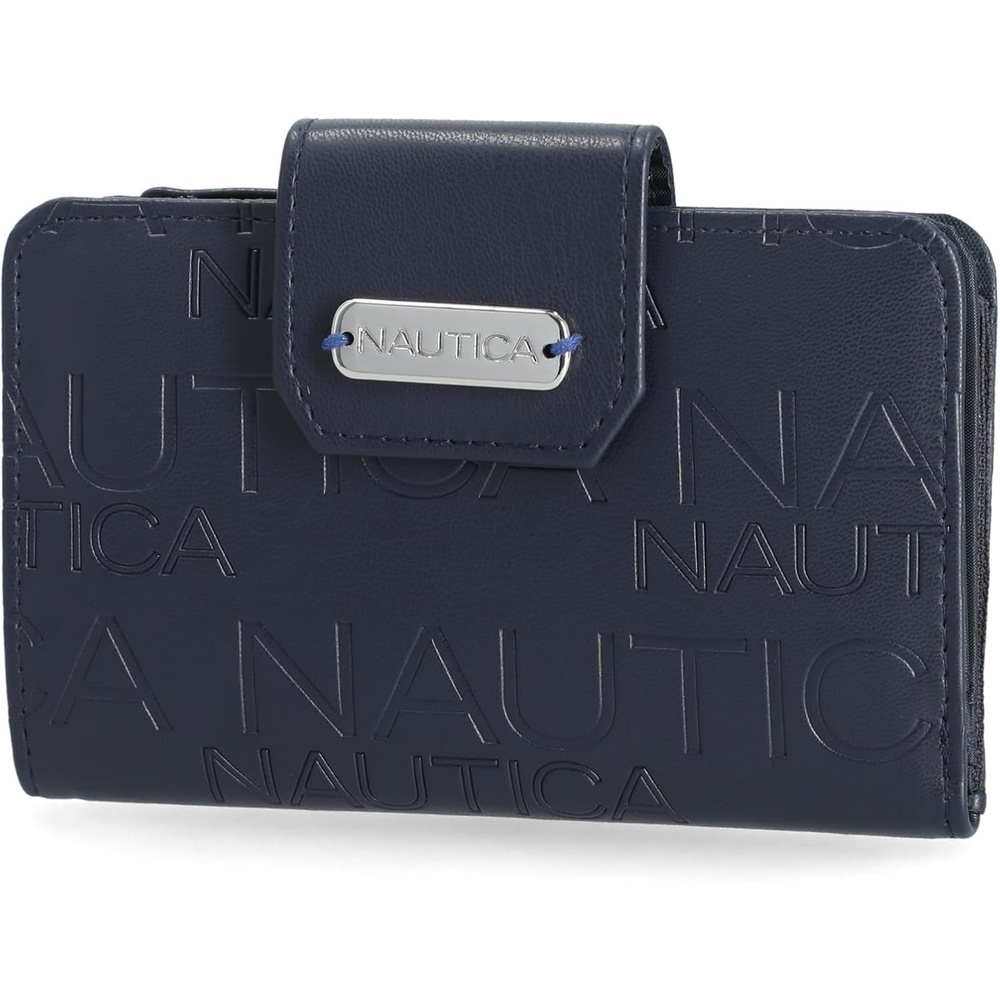 image:imageNautica Womens Close Reach Vegan Leather RFID Wallet Small Credit Card Holder Purse with Zipper Coin Pocket and ID Window in BlackIndigo Embossed