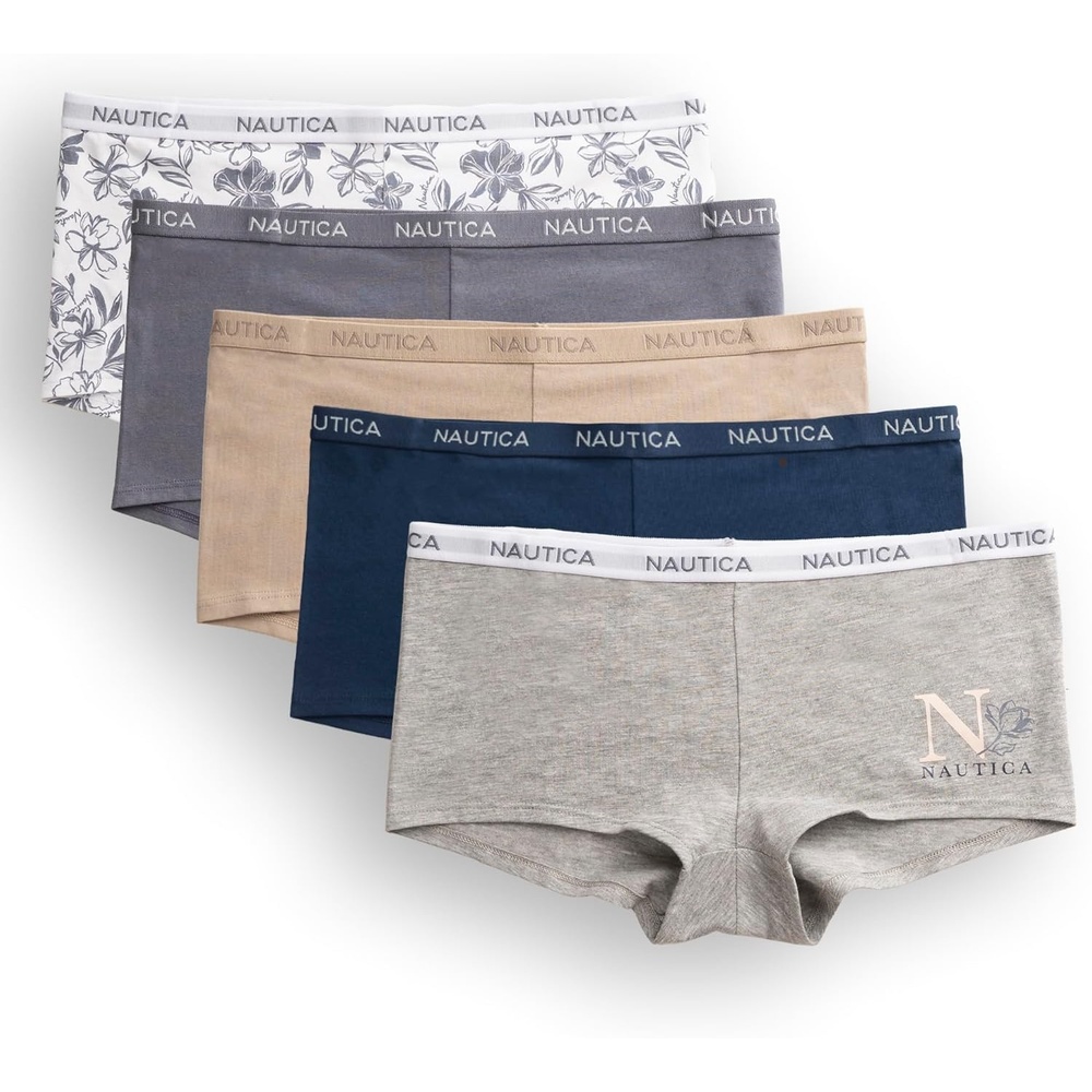 image:imageNautica Womens Cotton Boyshort Underwear Set 5PackMd Heather GreyNocturnal NavyPeach WhipEndless DuskNt Floral Logo