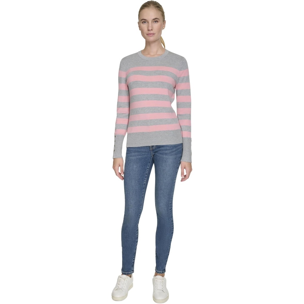 image:imageNautica Womens Crewneck Stripe Long Sleeve Crewneck SweaterMist Heather Multi