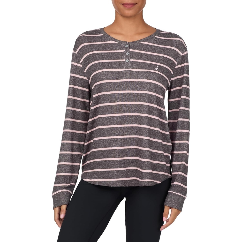 image:imageNautica Womens Henley Pajama Top UltraSoft amp Lightweight Long Sleeve Lounge Shirt Sweater Knit Sleepwear amp LoungewearGrey Stripe