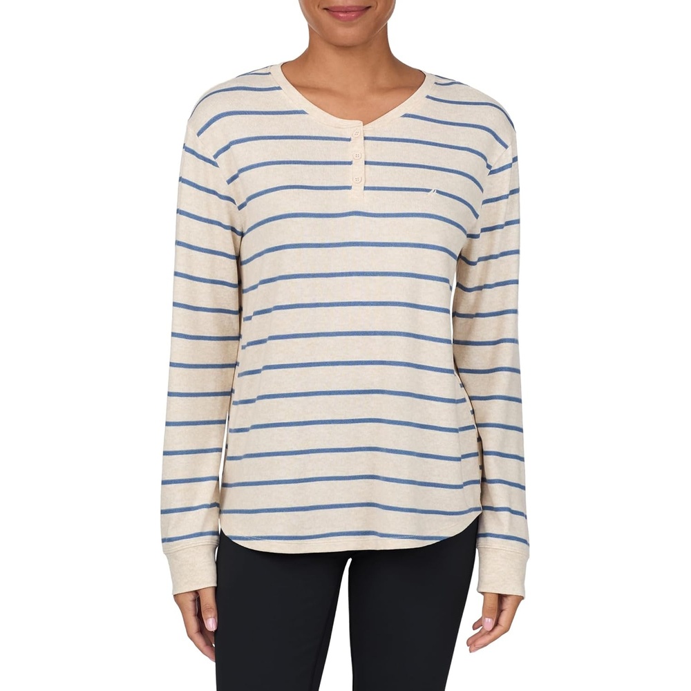 image:imageNautica Womens Henley Pajama Top UltraSoft amp Lightweight Long Sleeve Lounge Shirt Sweater Knit Sleepwear amp LoungewearOatmeal Stripe