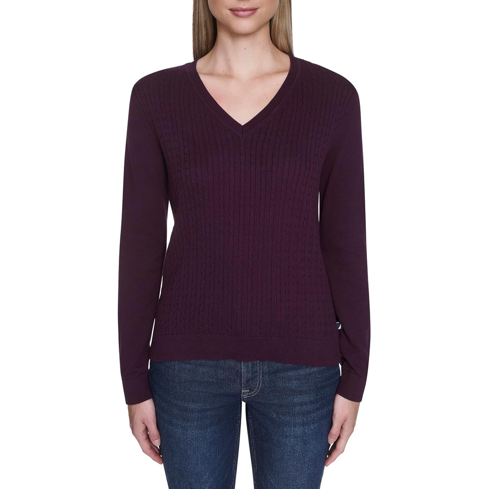image:imageNautica Womens Long Sleeve Cable VNeck SweaterAubergine
