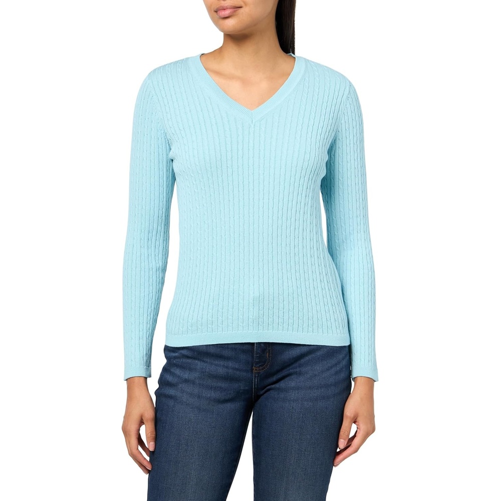 image:imageNautica Womens Long Sleeve Cable VNeck SweaterPorcelain Blue