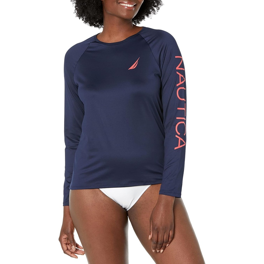 image:imageNautica Womens Long Sleeve Rashguard QuickDry UPF Protection Swim Shirt Pool Beach Hiking Yoga VolleyballDeep Sea