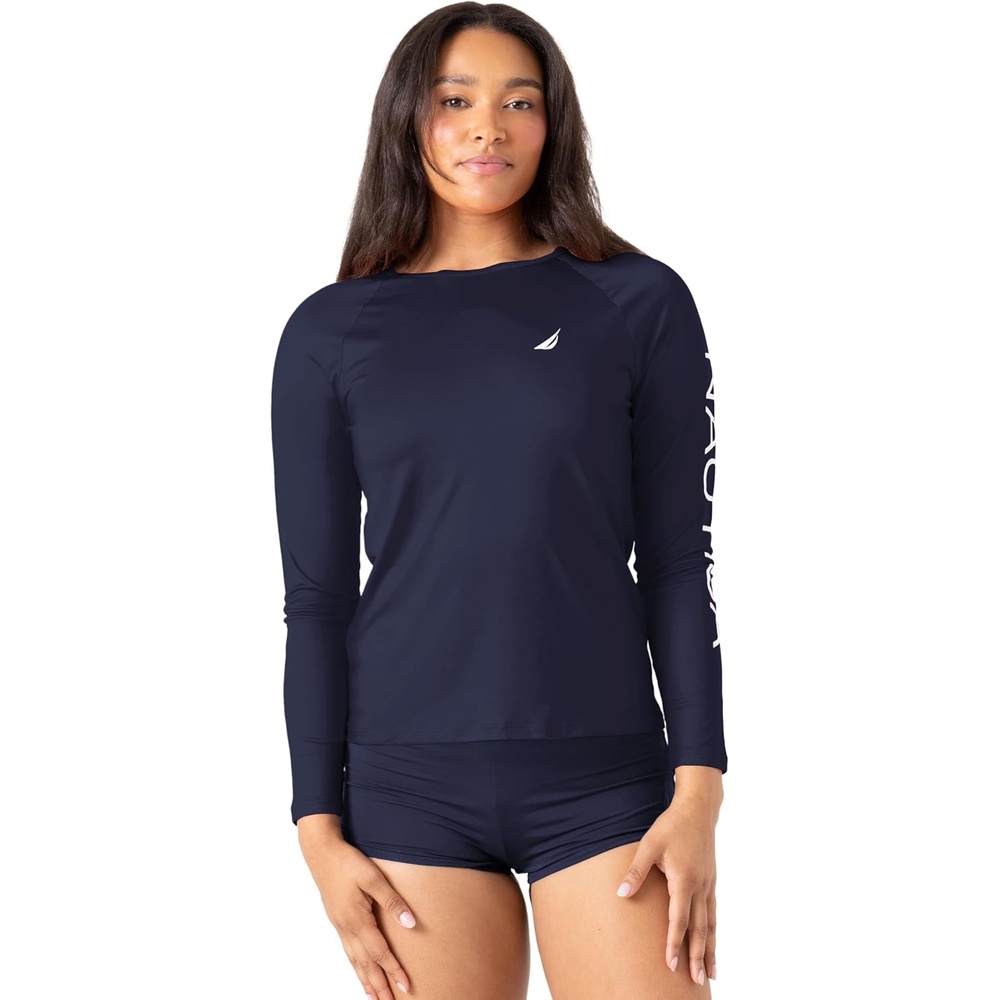 image:imageNautica Womens Long Sleeve Rashguard QuickDry UPF Protection Swim Shirt Pool Beach Hiking Yoga VolleyballNavy Sea