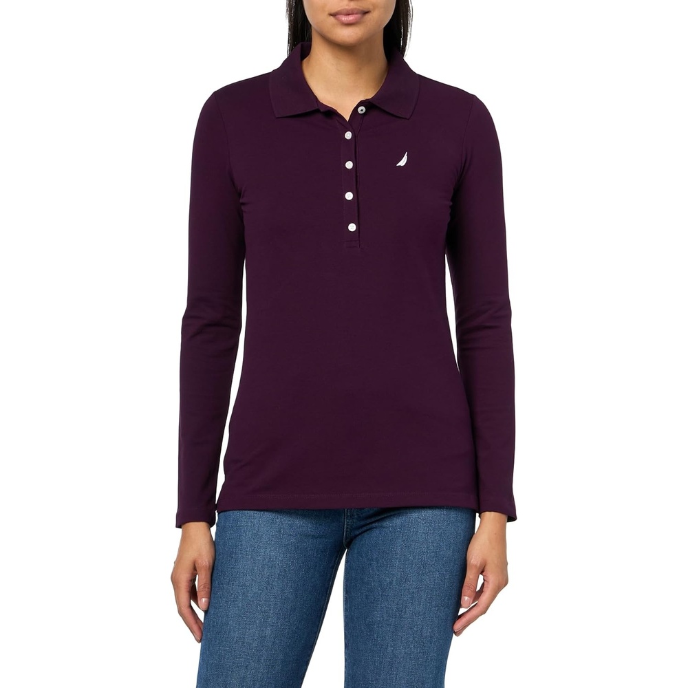 image:imageNautica Womens Long Sleeve Solid Collared Polo ShirtAubergine