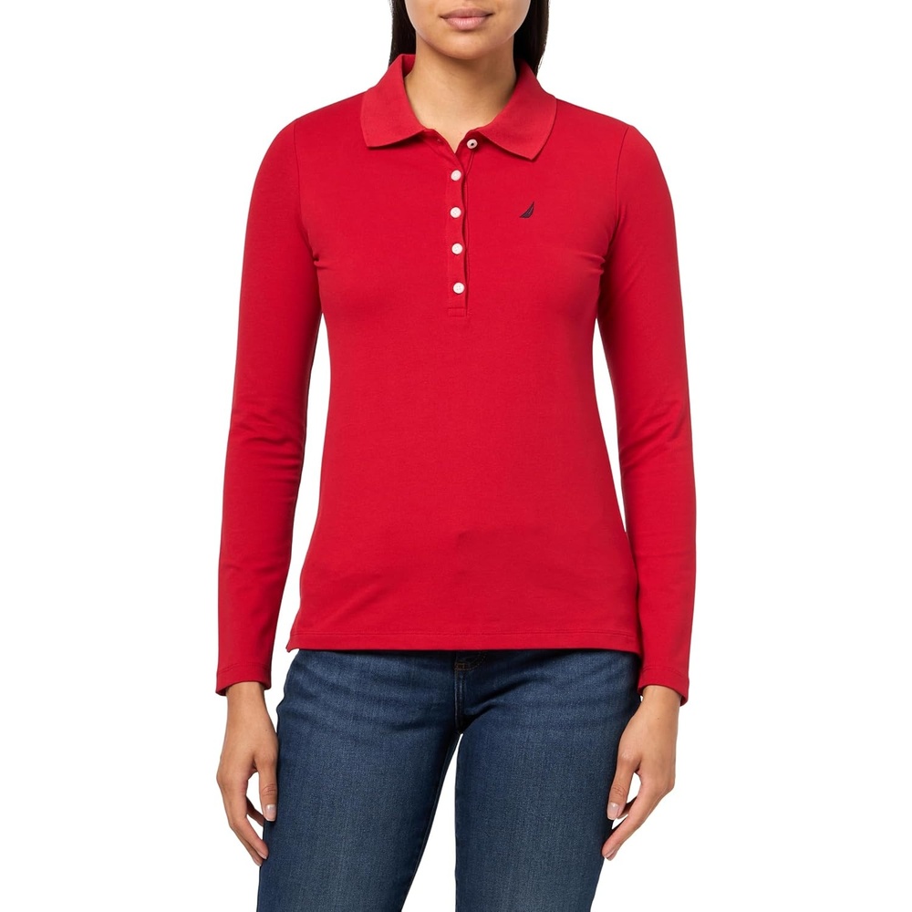 image:imageNautica Womens Long Sleeve Solid Collared Polo ShirtSamba