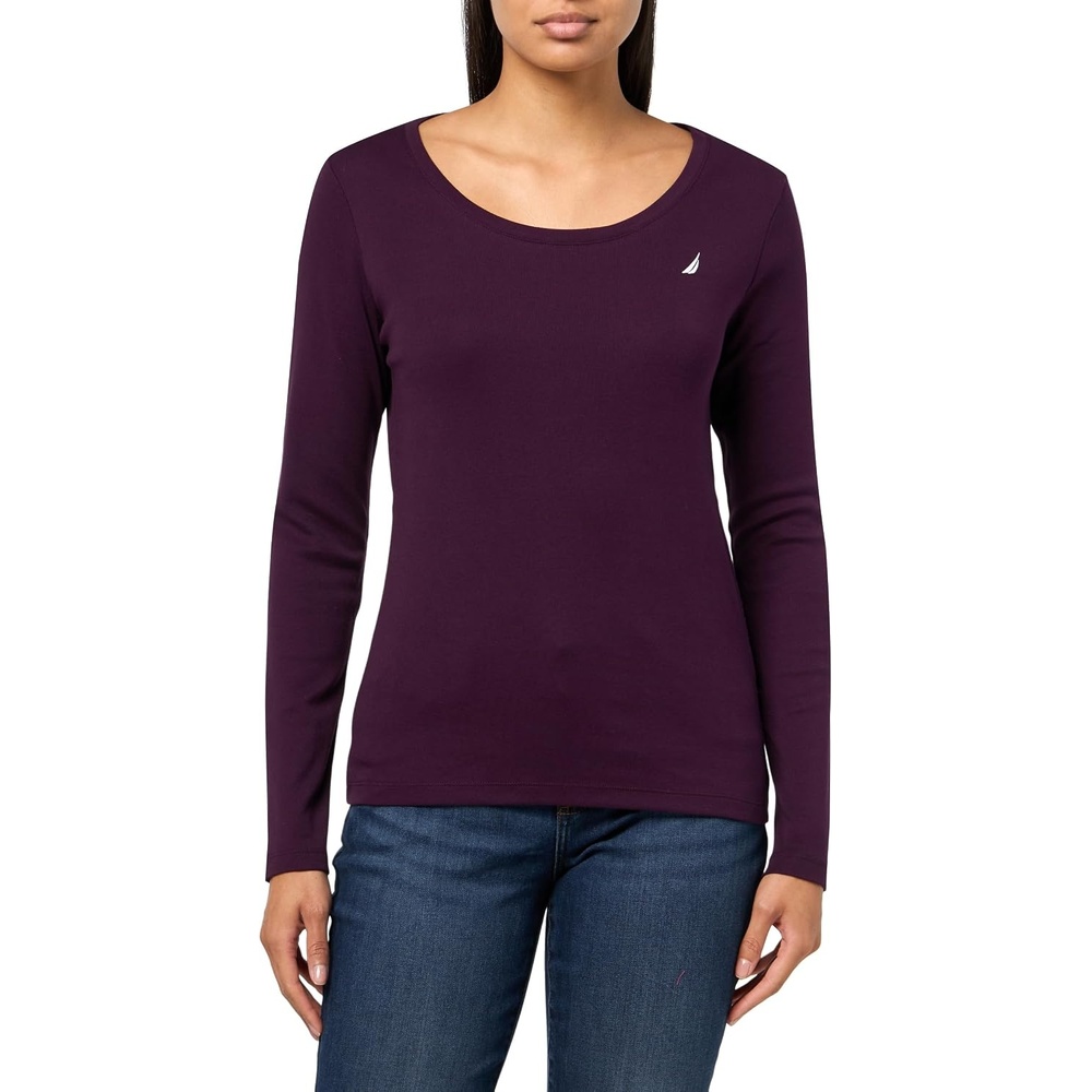 image:imageNautica Womens Long Sleeve Solid Scoop Neck Cotton TShirtAubergine