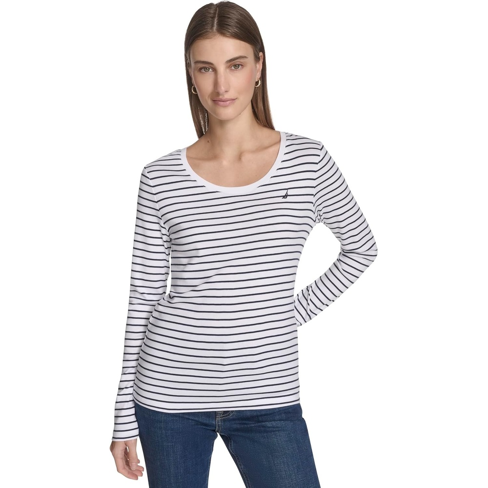 image:imageNautica Womens Long Sleeve Striped Scoop Neck TShirtBright WhiteNight Sky