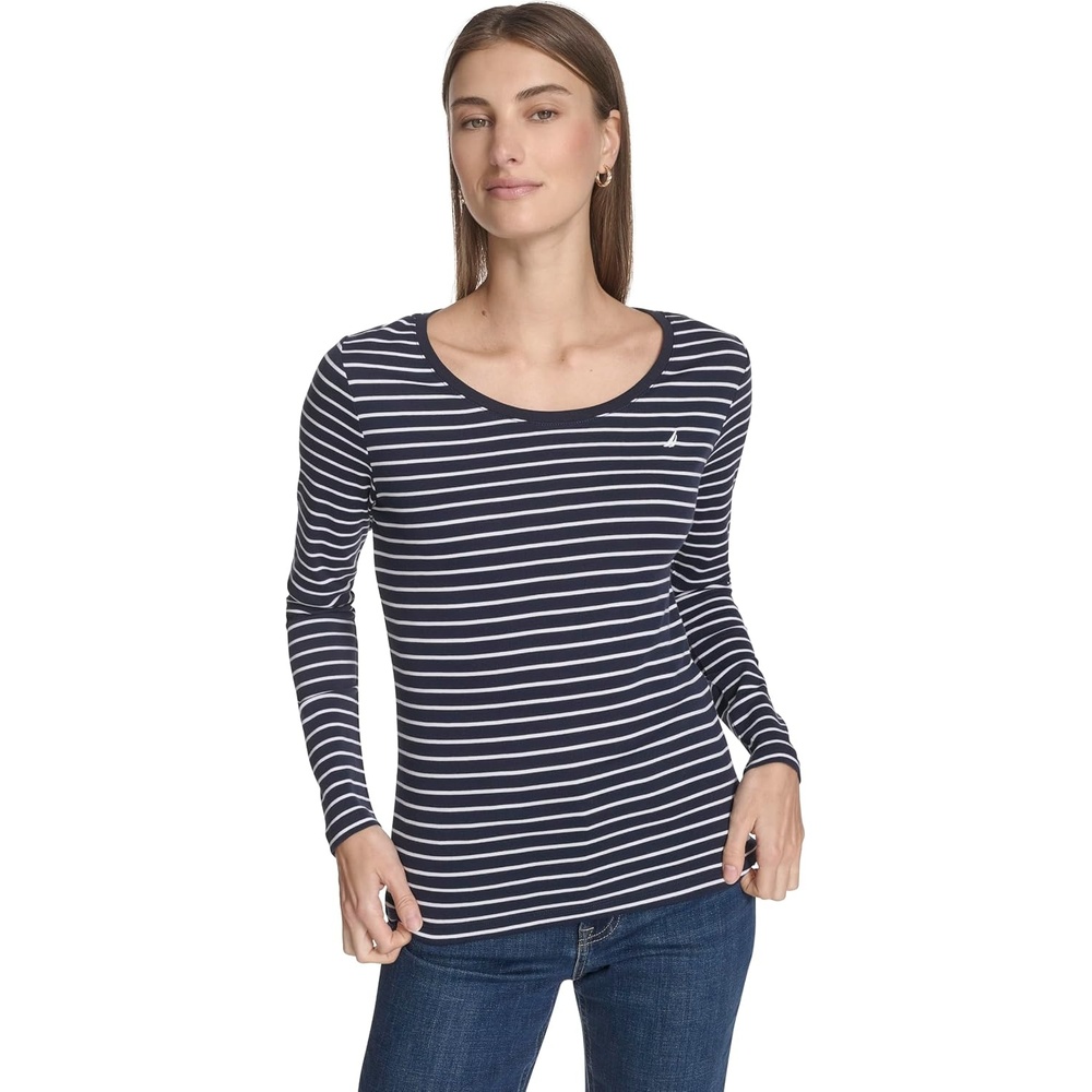 image:imageNautica Womens Long Sleeve Striped Scoop Neck TShirtNight SkyBright White