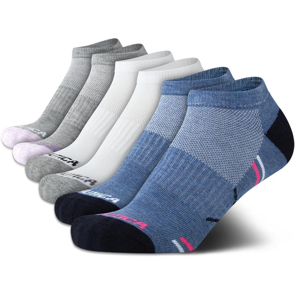 image:imageNautica Womens Low Cut Socks  6 Pack Breathable Mesh Cushioned Athletic Performance No Show Socks for WomenBlueWhiteGrey