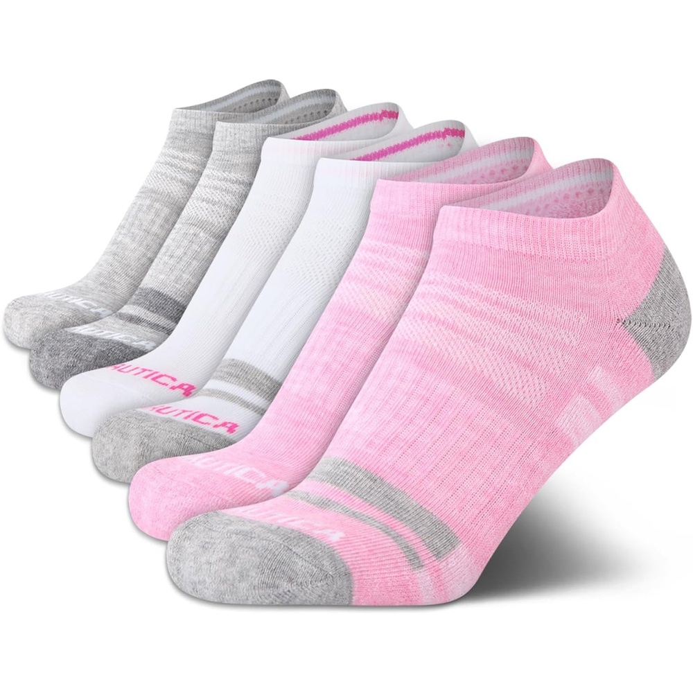 image:imageNautica Womens Low Cut Socks 6 Pack Breathable Mesh Cushioned Athletic Performance No Show Socks for WomenPinkWhiteGrey