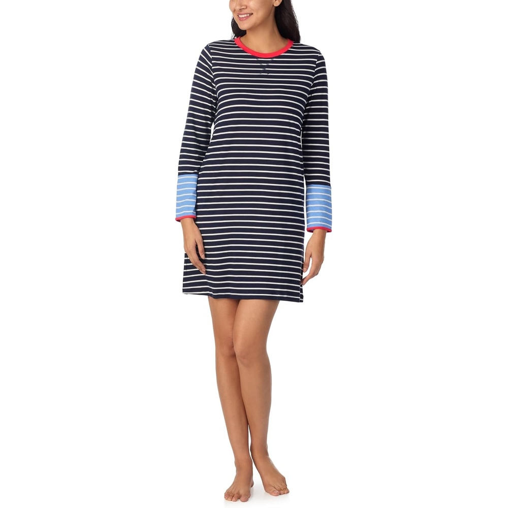 image:imageNautica Womens MidThigh Crew Neck Pajama Sleepshirt Color Block Stripe Soft Breathable Jersey CottonRayonNavy Stp