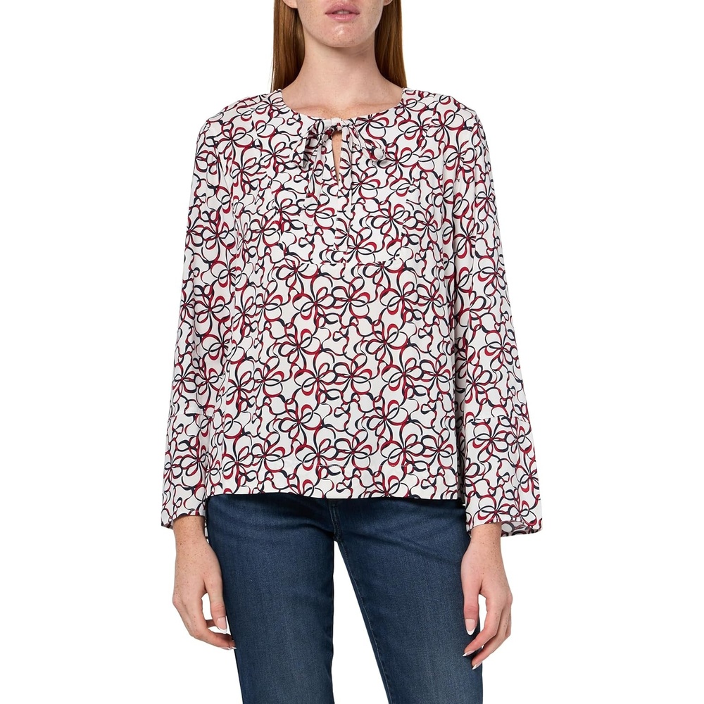 image:imageNautica Womens Printed Long Sleeve Tie Front Woven Popover TopIvory Multi