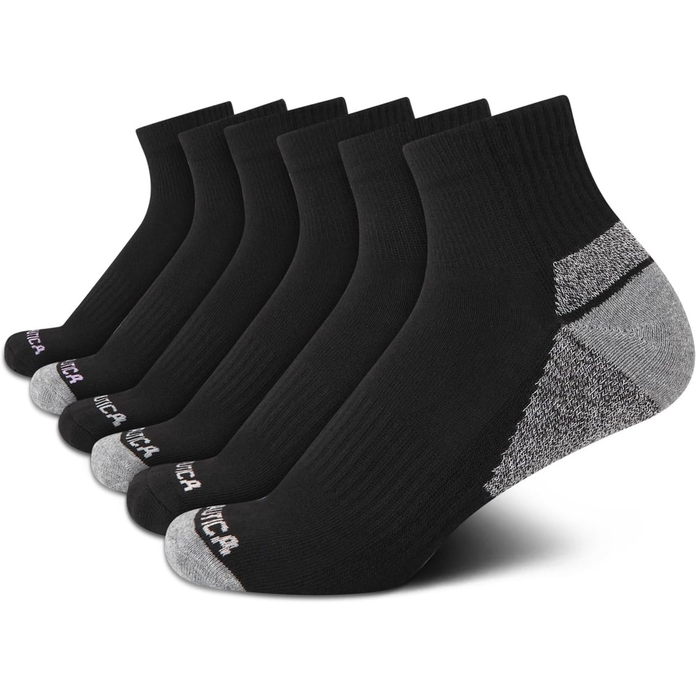 image:imageNautica Womens Quarter Socks 6 Pack Cushioned Moisture Wicking Athletic Socks for Women for Gym Running Sports 410All Black