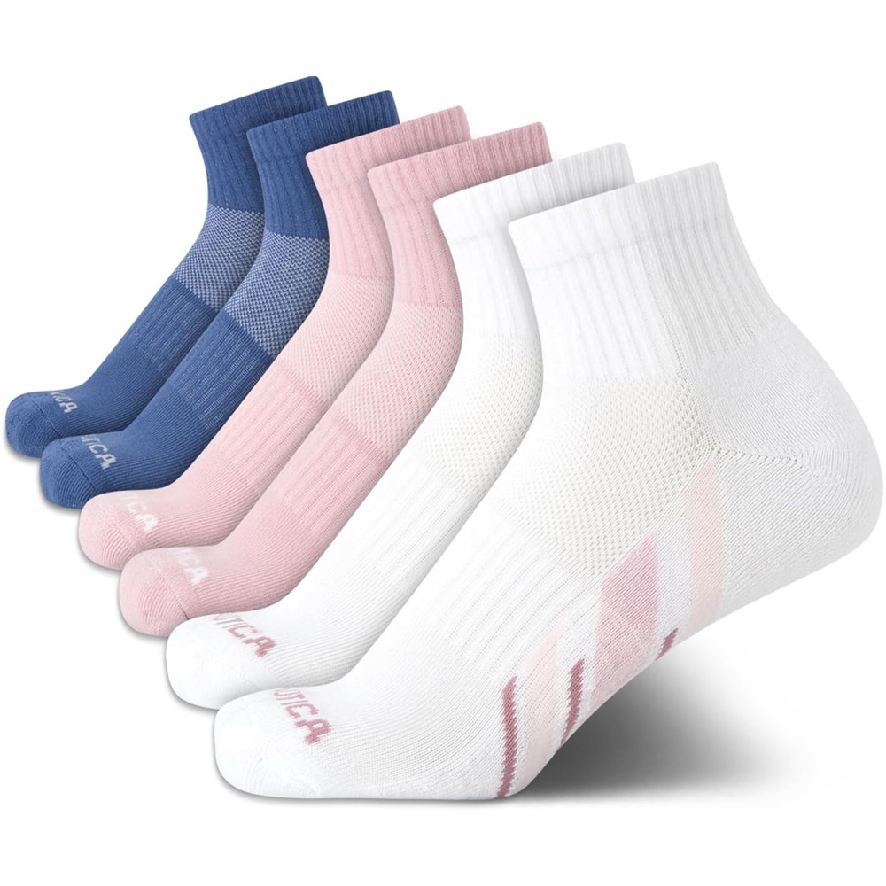 image:imageNautica Womens Quarter Socks  6 Pack Cushioned Moisture Wicking Athletic Socks for Women for Gym Running Sports 410BluePinkWhite