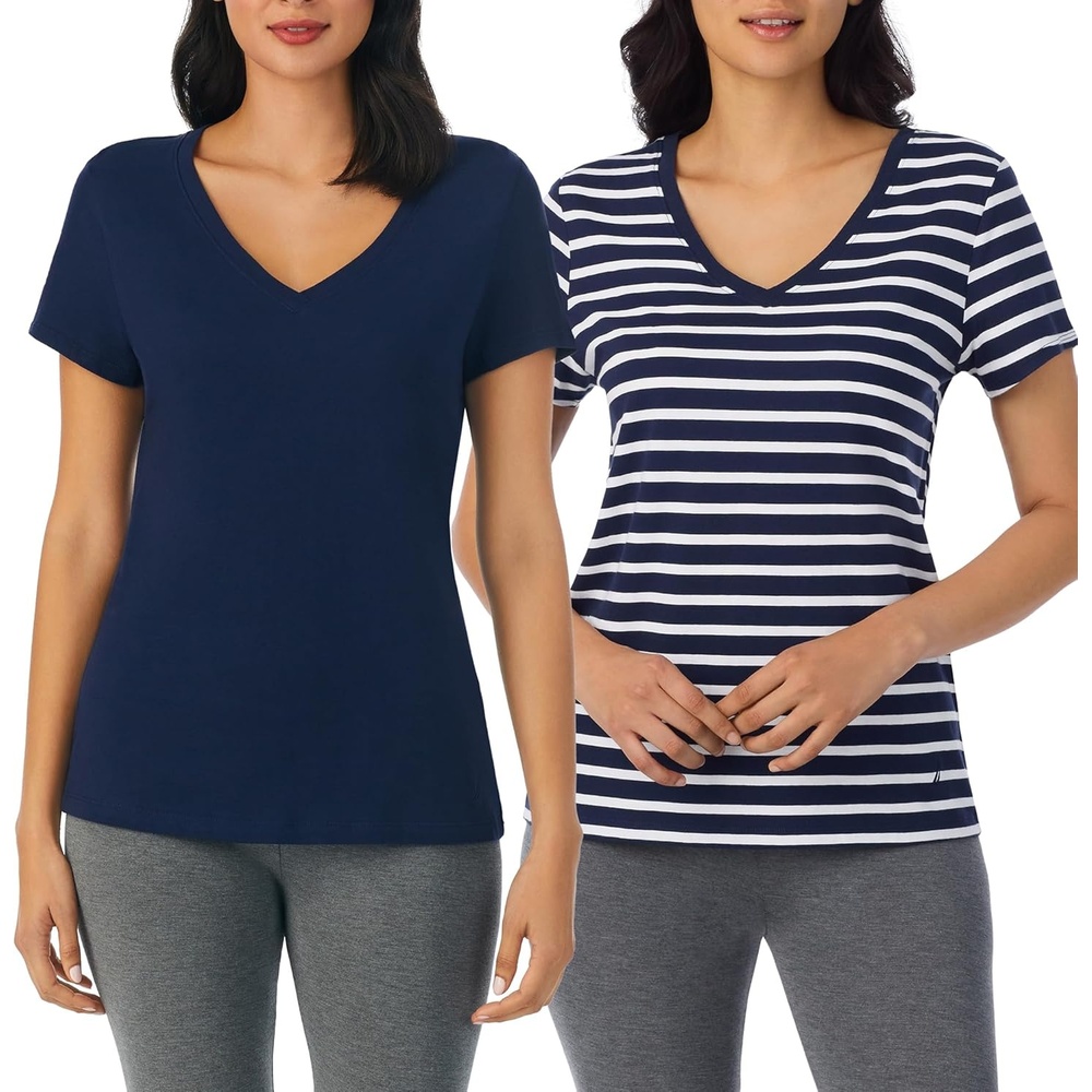 image:imageNautica Womens Sleep Shirt Lightweight Breathable Pajama Top Cotton Knit Jersey VNeck Sleepwear and Loungewear2 Pack NavyNavy Stripe