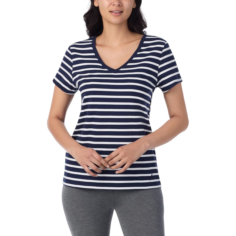 image:imageNautica Womens Sleep Shirt Lightweight Breathable Pajama Top Cotton Knit Jersey VNeck Sleepwear and LoungewearNavy Stripe