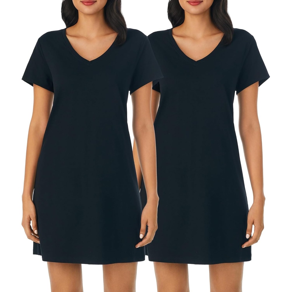 image:imageNautica Womens Sleep Shirt Dress Cotton Knit Jersey VNeck Pajama Top Lightweight amp Breathable Sleepwear Loungewear2 Pack BlackBlack