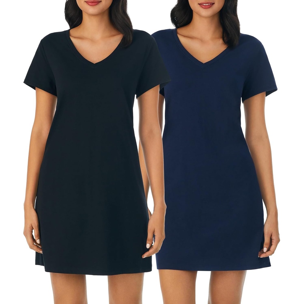 image:imageNautica Womens Sleep Shirt Dress Cotton Knit Jersey VNeck Pajama Top Lightweight amp Breathable Sleepwear Loungewear2 Pack NavyBlack