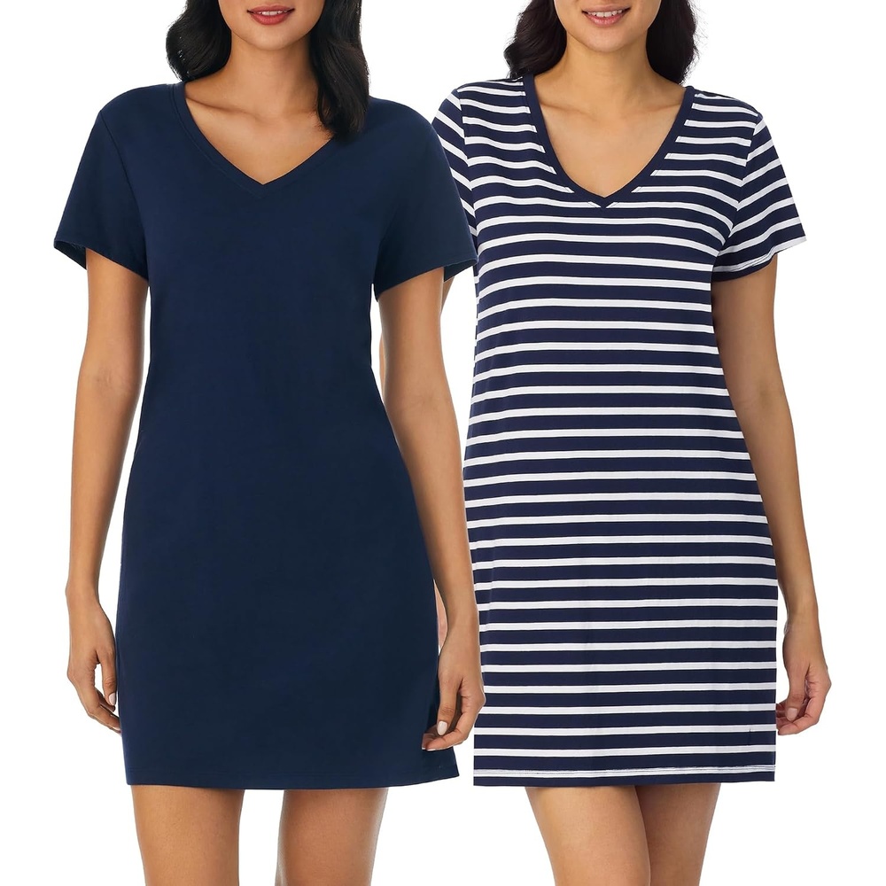 image:imageNautica Womens Sleep Shirt Dress Cotton Knit Jersey VNeck Pajama Top Lightweight amp Breathable Sleepwear Loungewear2 Pack NavyNavy Stripe