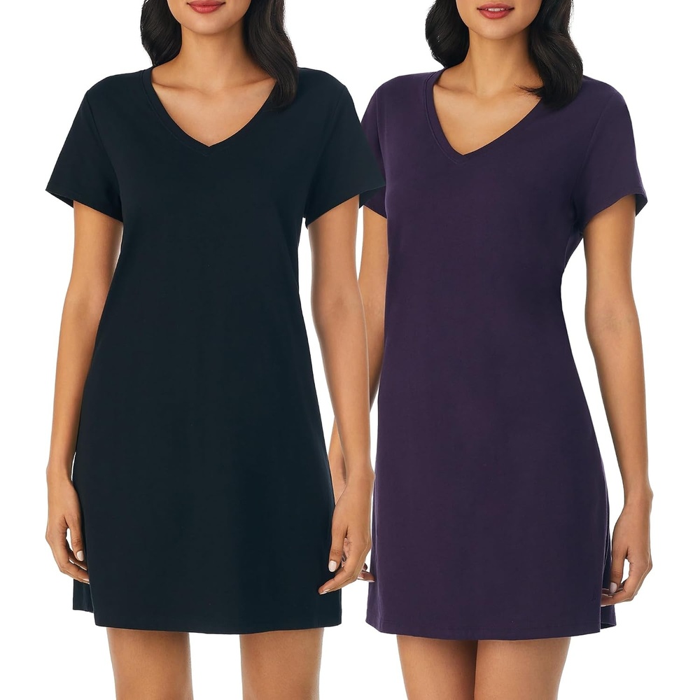 image:imageNautica Womens Sleep Shirt Dress Cotton Knit Jersey VNeck Pajama Top Lightweight amp Breathable Sleepwear Loungewear2 Pack PurpleBlack