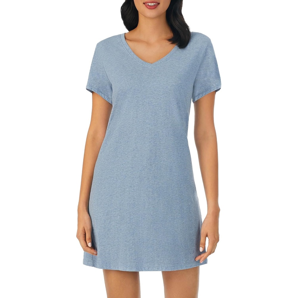 image:imageNautica Womens Sleep Shirt Dress Cotton Knit Jersey VNeck Pajama Top Lightweight amp Breathable Sleepwear LoungewearHeather Blue