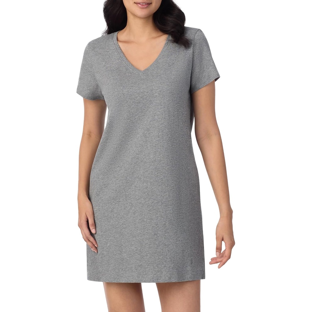 image:imageNautica Womens Sleep Shirt Dress Cotton Knit Jersey VNeck Pajama Top Lightweight amp Breathable Sleepwear LoungewearHeather Grey