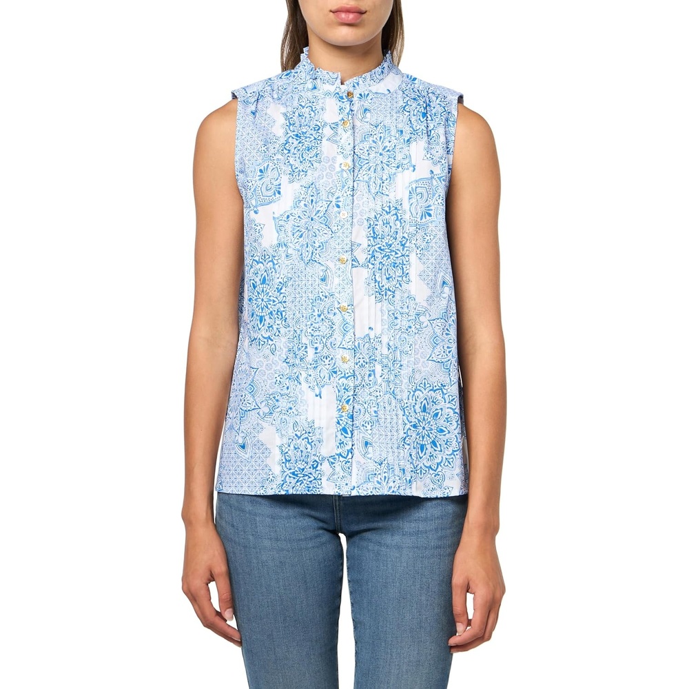 image:imageNautica Womens Sleeveless Pintuck Ruffle Neck Tile Print ShirtIvory Multi