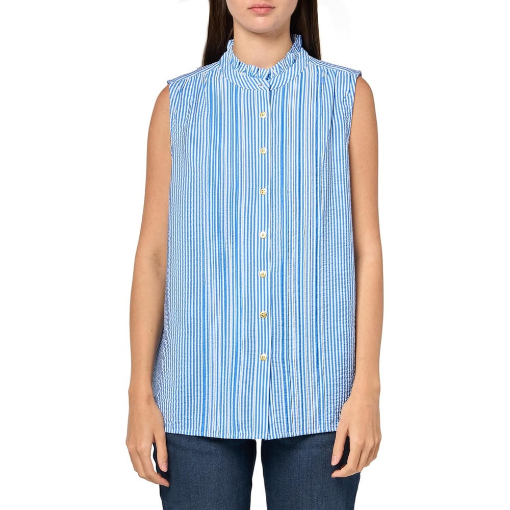 image:imageNautica Womens Sleeveless Pintuck Ruffle Neck Tile Print Striped ShirtPacificBright White