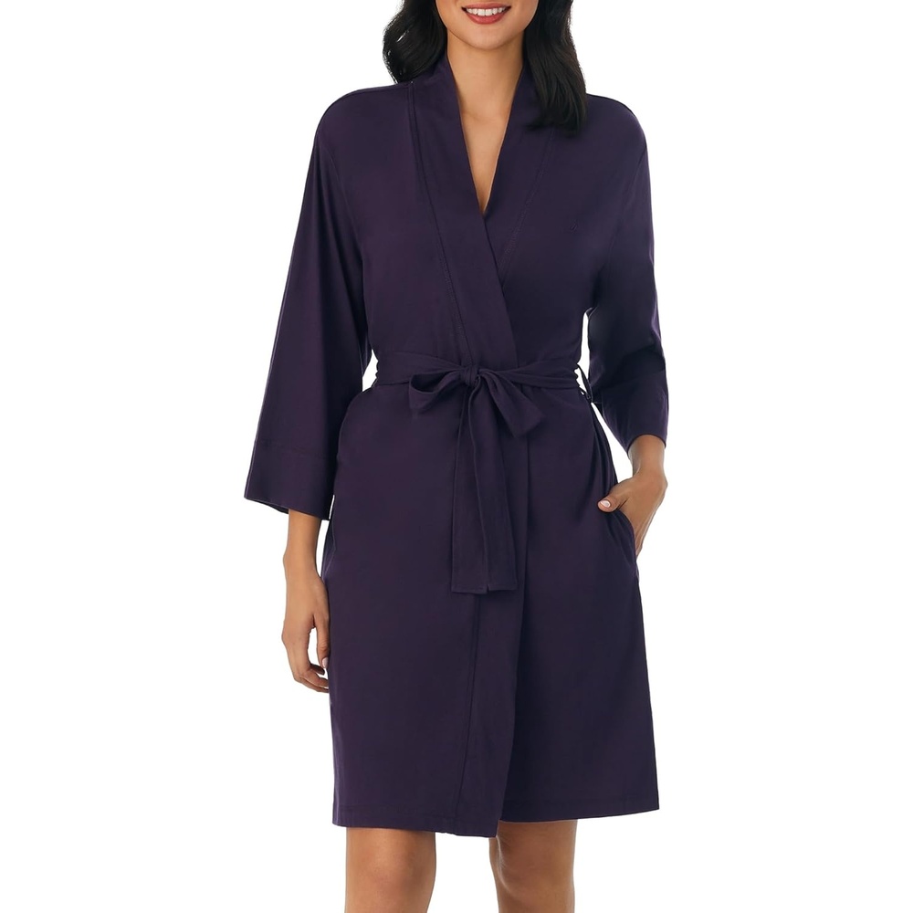 image:imageNautica Womens Soft Robe  Above Knee 34 Length Sleeve Lightweight Robe  Cotton Knit Jersey Sleepwear and LoungewearEggplant