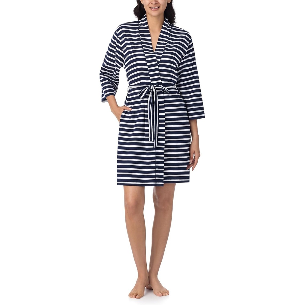 image:imageNautica Womens Soft Robe Above Knee 34 Length Sleeve Lightweight Robe Cotton Knit Jersey Sleepwear and LoungewearNavy Stripe