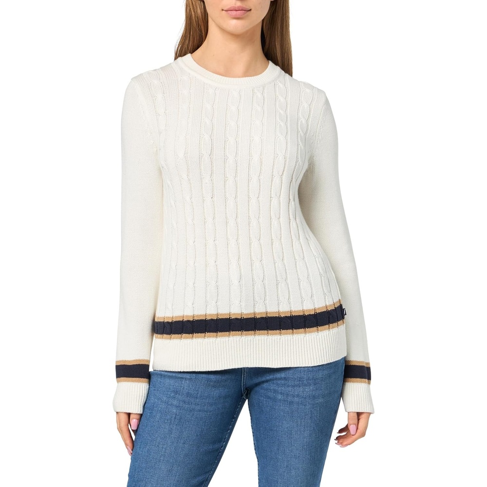 image:imageNautica Womens Solid Cable Long Sleeve Tipped SweaterIvory Multi