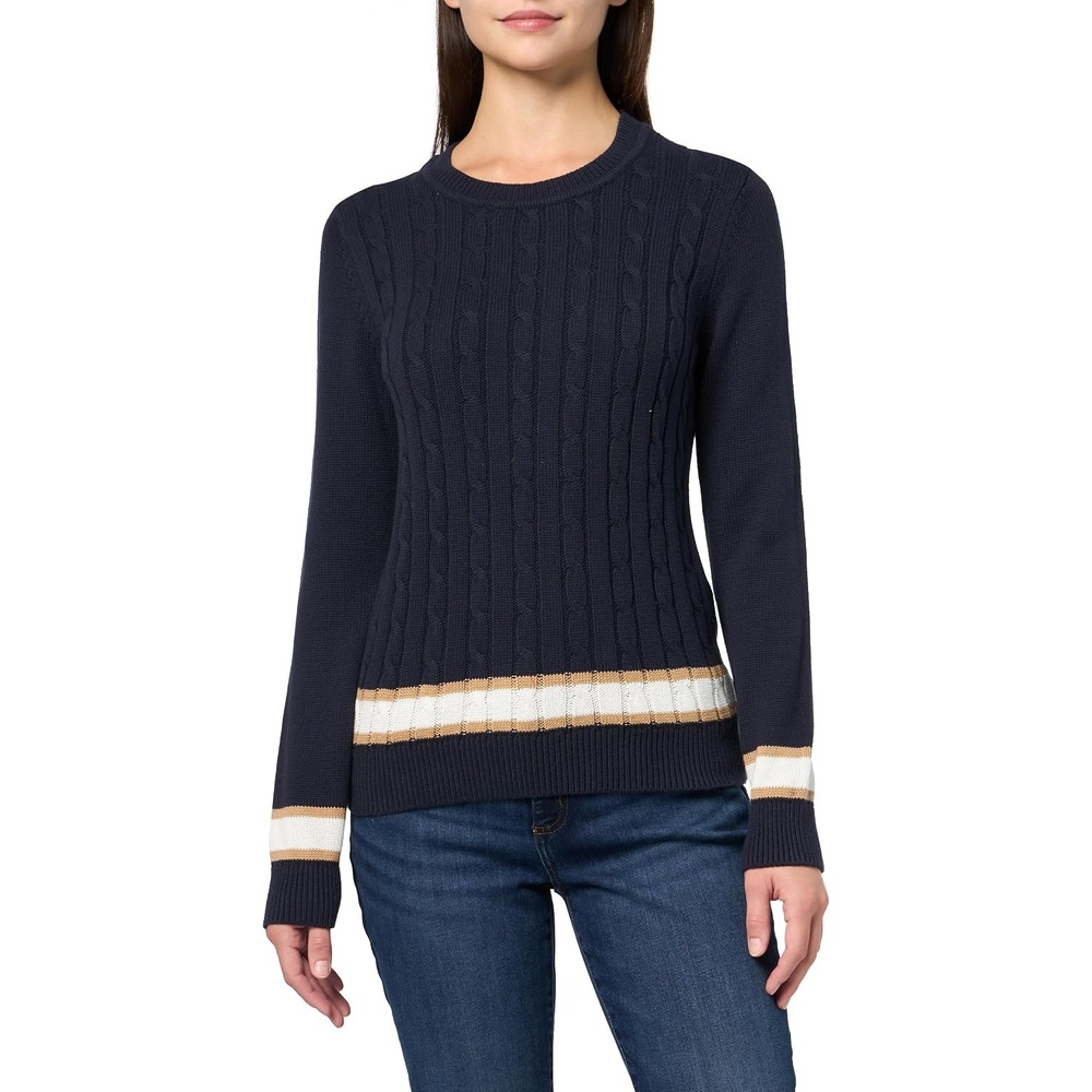 image:imageNautica Womens Solid Cable Long Sleeve Tipped SweaterNight Sky Multi
