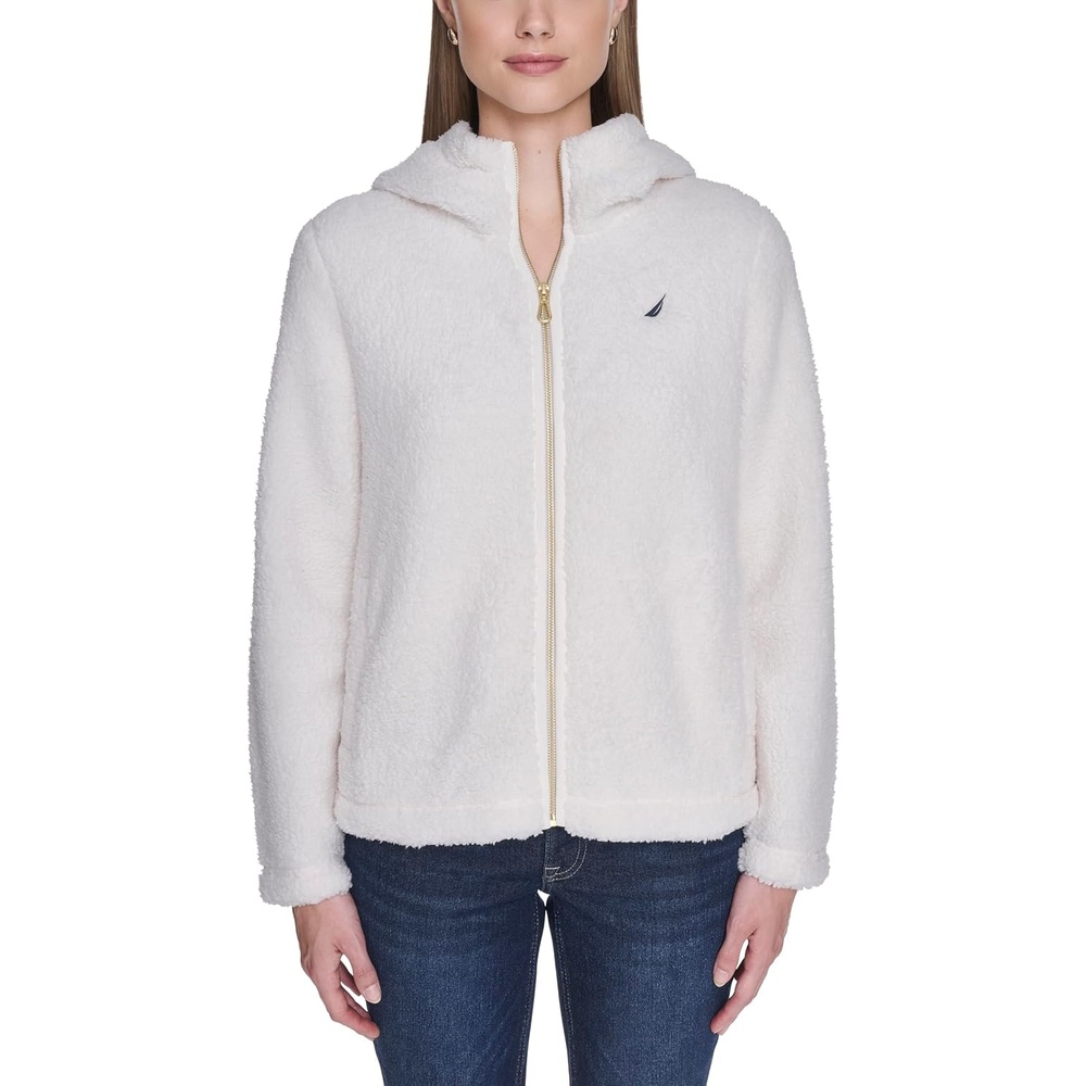 image:imageNautica Womens Solid Sherpa Zipup Hoodie JacketSoft Ivory