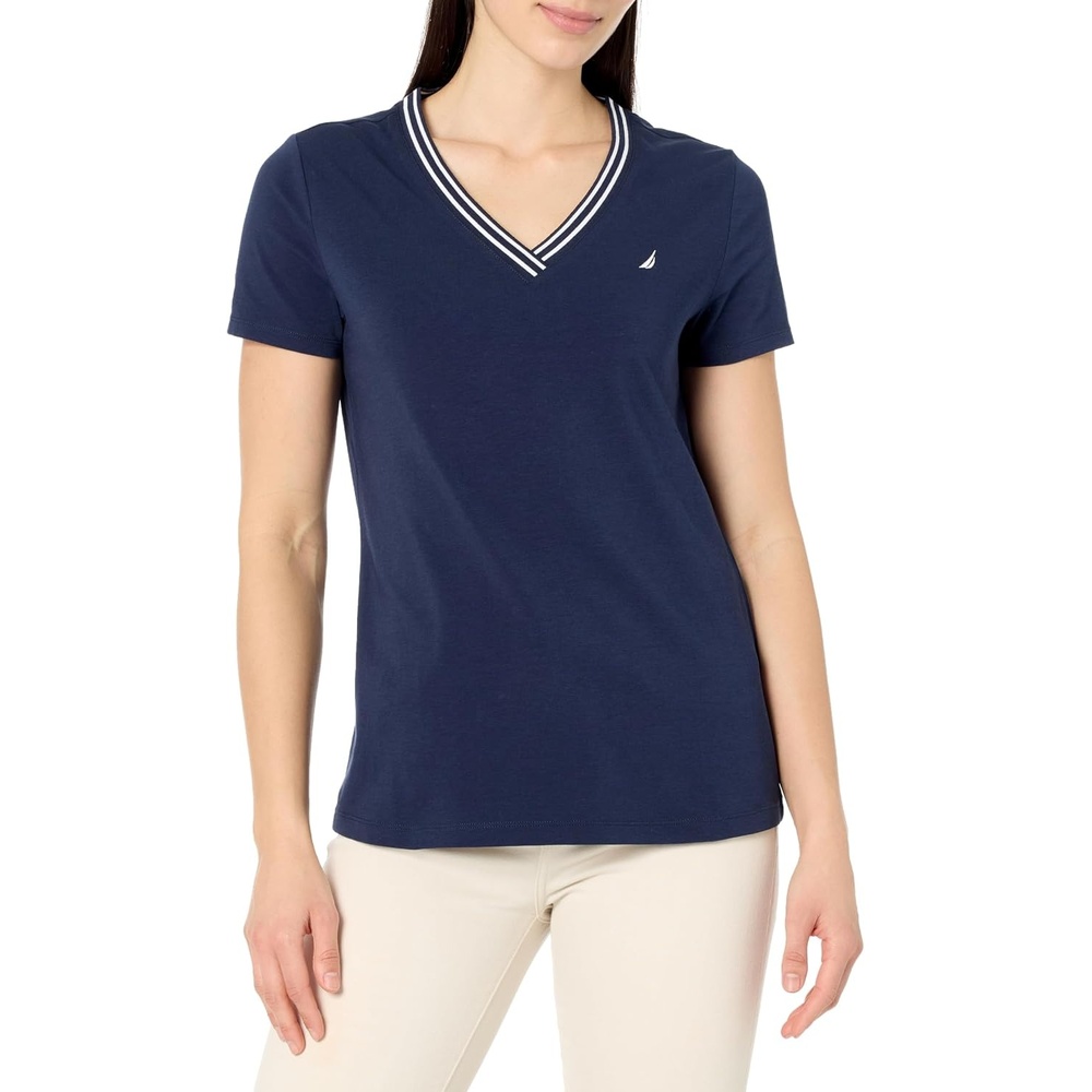image:imageNautica Womens Solid VNeck Short Sleeve TShirtNight Sky