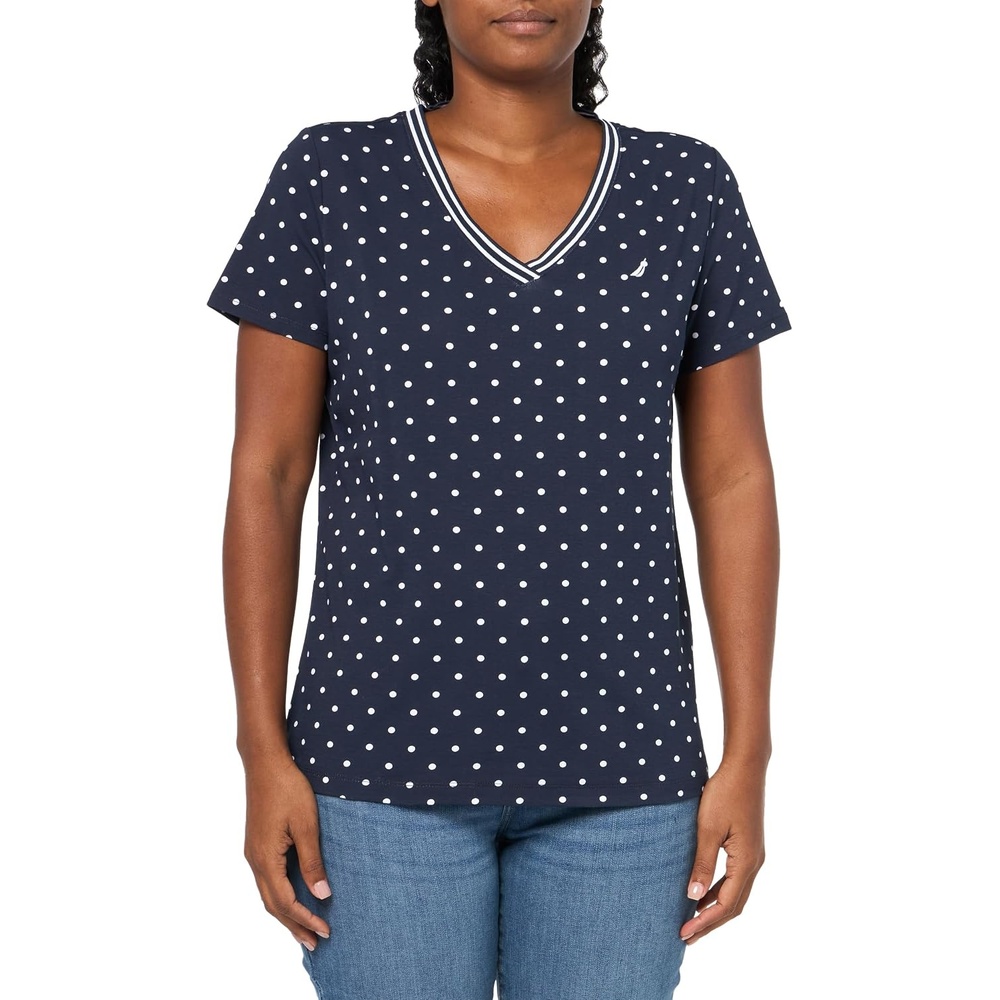 image:imageNautica Womens Solid VNeck Short Sleeve TShirtNight SkyWhite Bright