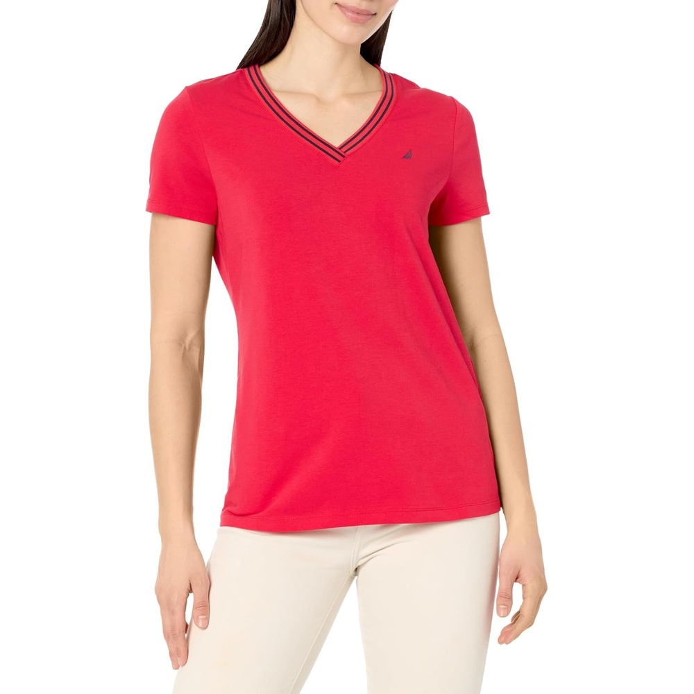 image:imageNautica Womens Solid VNeck Short Sleeve TShirtRegatta Red
