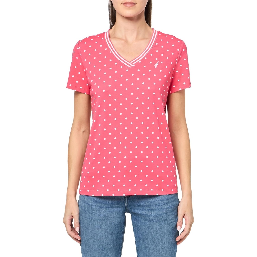 image:imageNautica Womens Solid VNeck Short Sleeve TShirtRougeBright White
