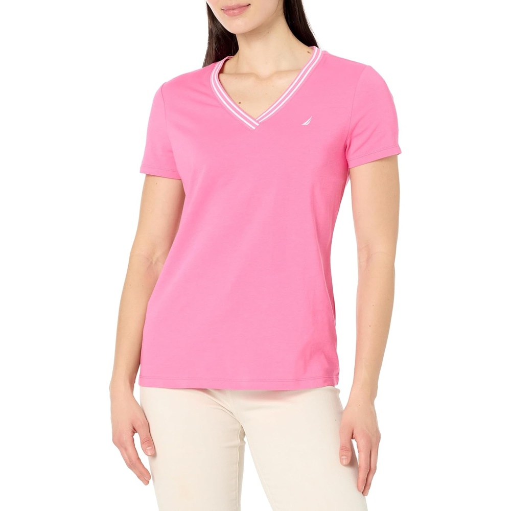 image:imageNautica Womens Solid VNeck Short Sleeve TShirtSangria Sunset