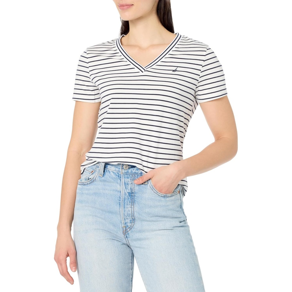 image:imageNautica Womens Stripe VNeck Short Sleeve TShirtBright WhiteNight Sky