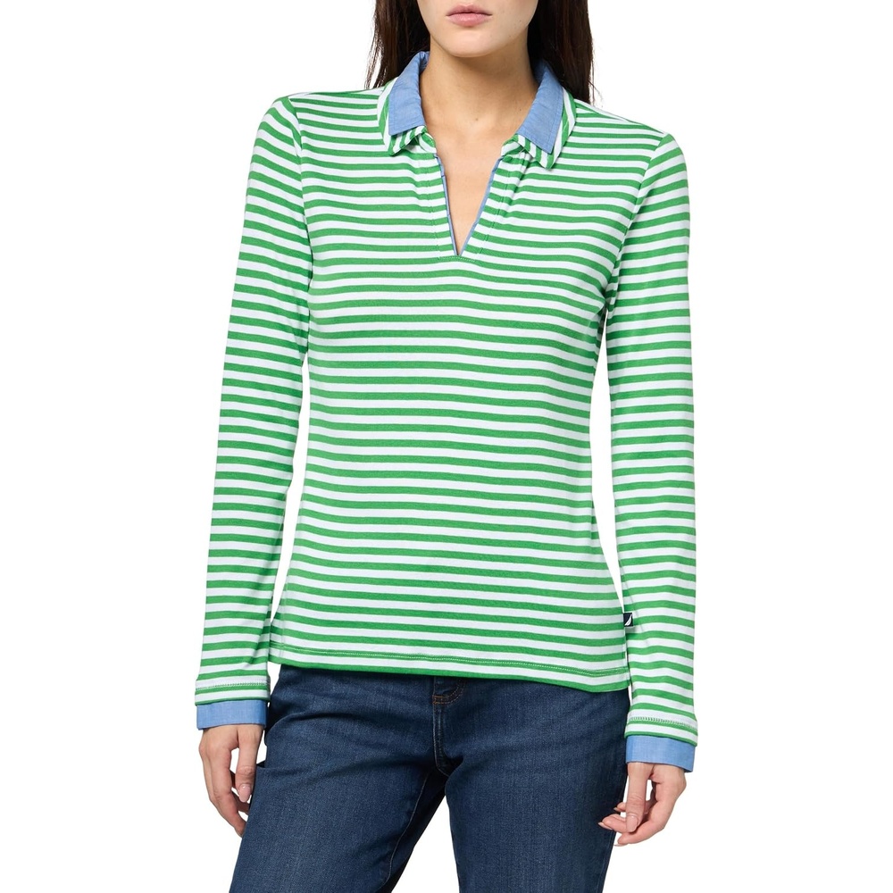 image:imageNautica Womens Striped Long Sleeve Knit Double Collar ShirtNew LeafBright White