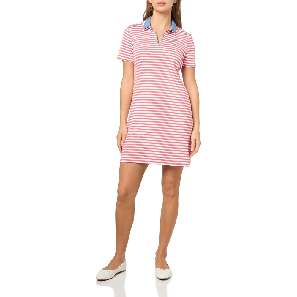 image:imageNautica Womens Stripped Collard Short Sleeve VNeck Johnny Collar Polo Knit DressCoralieBright White