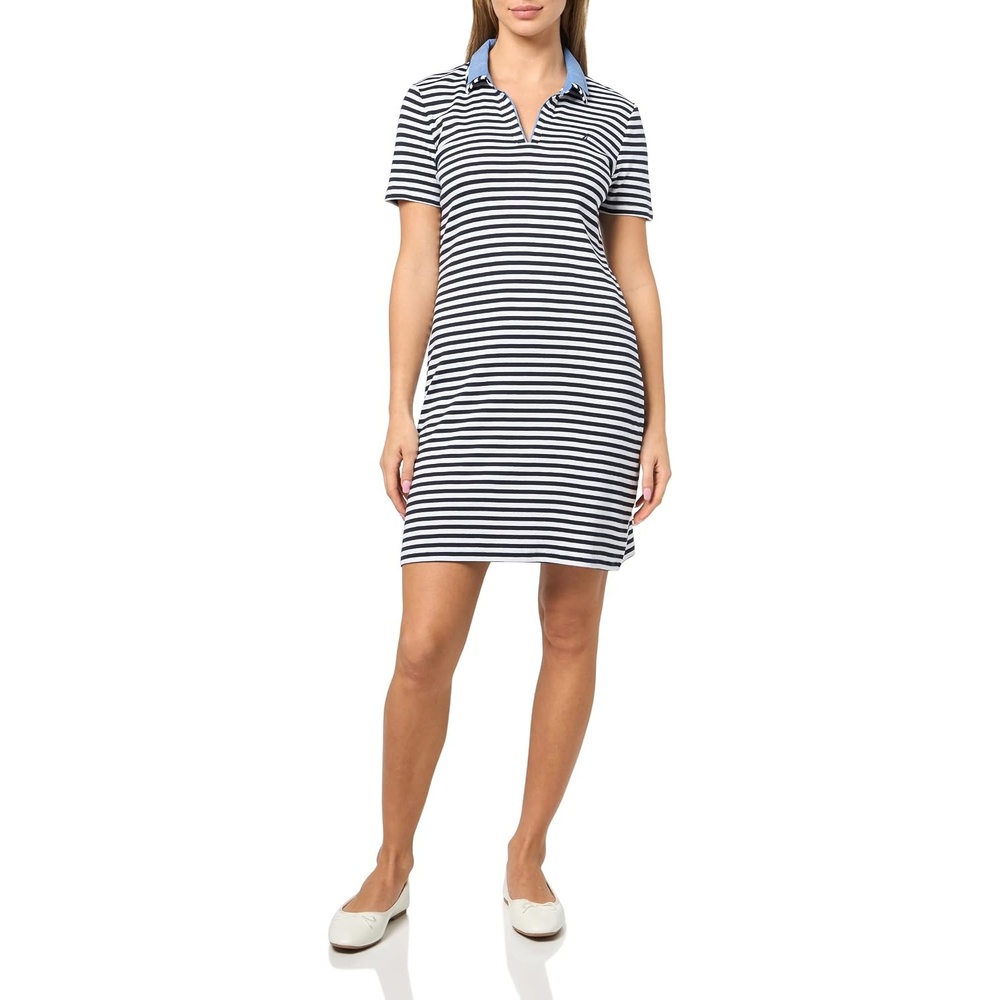 image:imageNautica Womens Stripped Collard Short Sleeve VNeck Johnny Collar Polo Knit DressNight SkyBright White