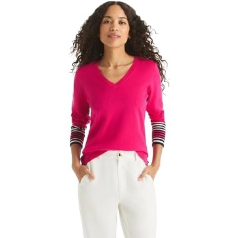 image:imageNautica Womens Tipped Long Sleeve VNeck Knit SweaterBridal Rose Multi